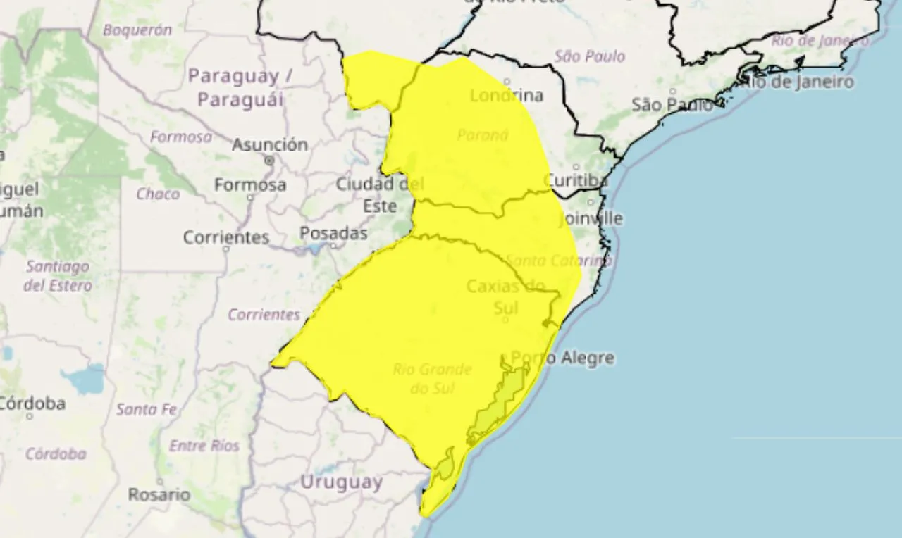 o mapa mostra &aacute;s &aacute;reas em alerta para tempestade